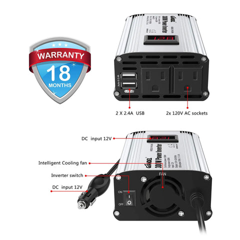 300W DC 12V To 110V Car Inverter With LED Display showing dual USB ports and AC outlets for charging devices.
