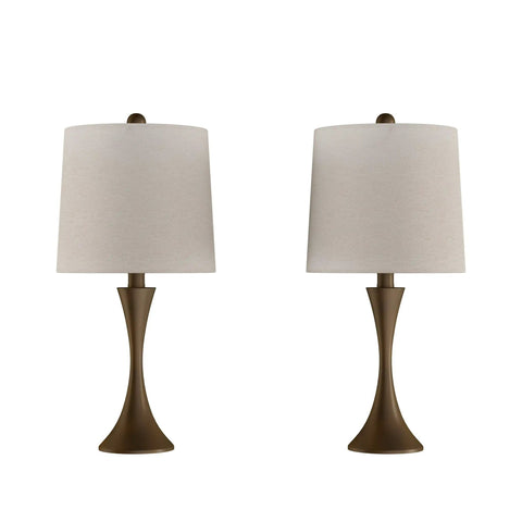 Set of 2 Mid Century Modern Table Lamps with Metal Flared Trumpet Bases in Bronze Finish, Includes Energy Efficient LED Bulbs and Drum Linen Shades for a Coordinated Bedroom or Living Room Vibe