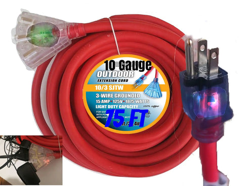 Beefy Heavy Duty Outdoor Indoor Extension Cord 75 Feet With 10 Gauge 3 Outlet Lighted SJTW 125V 15 Amp Rated Up To 1875 Watts