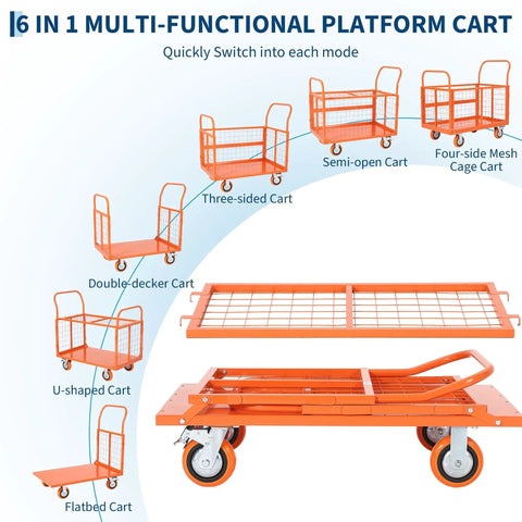 1800 Lbs Platform Truck Cart With Cage 6 In 1 Multi Functional Design Transforms Into Cage Cart Flatbed Dolly 2 Shelf Cart U Boat Truck Or 3 Side Fence Cart Hand Truck For Warehouse Groceries And Heavy Moving, orange steel multi-mode cart