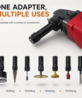 5/8-11 Angle Grinder Extension Shaft Adapter Kit Turns Any Grinder Into A Drill With 1/4 Inch And 1/2 Inch Spring Collets, shown with multiple tool attachments