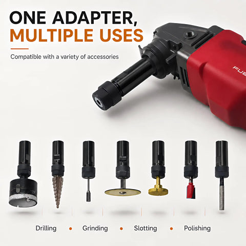5/8-11 Angle Grinder Extension Shaft Adapter Kit Turns Any Grinder Into A Drill With 1/4 Inch And 1/2 Inch Spring Collets, shown with multiple tool attachments