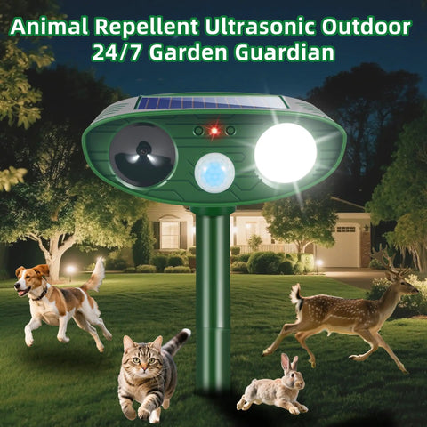 Two Pack Solar Ultrasonic Deer Deterrent With Motion Sensor And Bright LED Strobe For Outdoor Garden Yard Keeps Pests At Bay From Rabbits Raccoons Squirrels Skunks Foxes And Cats Waterproof Weatherproof, solar stake
