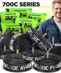 Inner Tube 700C Set With AV48 Schrader Valve Butyl For 700x25C To 700x32C Includes 2 Tire Levers displayed with packaging.