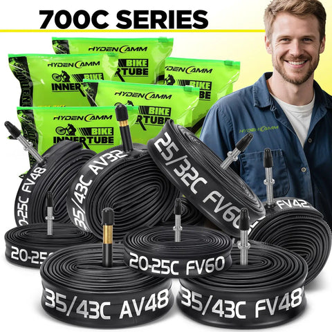 Inner Tube 700C Set With AV48 Schrader Valve Butyl For 700x25C To 700x32C Includes 2 Tire Levers displayed with packaging.