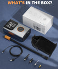 Portable Tire Inflator Air Compressor For Cars, Bikes, And More With 150 PSI, LCD Dual Screen, accessories and box.