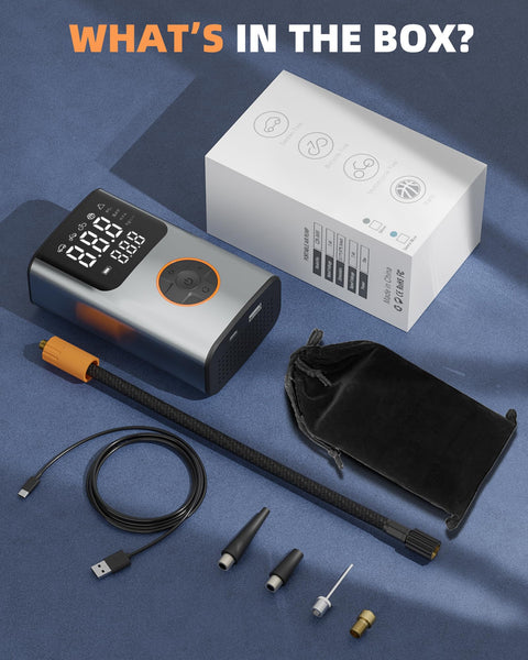 Portable Tire Inflator Air Compressor For Cars, Bikes, And More With 150 PSI, LCD Dual Screen, accessories and box.
