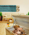 2 Pieces Lid Support Hinges With Soft Close showing installed hinge on an open toy chest in a living room setting with instructions above.