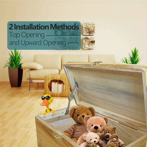 2 Pieces Lid Support Hinges With Soft Close showing installed hinge on an open toy chest in a living room setting with instructions above.