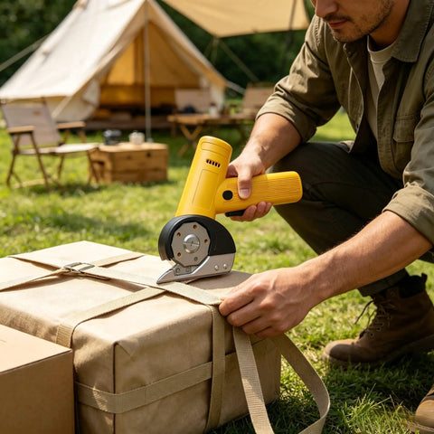 Cordless Electric Scissors For Fabric Leather Cardboard Carpet And More Rechargeable Handheld Cutting Tool With Sharp Blade For Precise Clean Cuts And Quick Box Openings This Beast Of A Cutter For DIY Projects, yellow handheld cutting straps on wrapped box