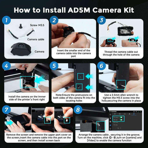 Installation steps for Camera Live View Kit for Adventurer 5M, 5M Pro, and AD5X 3D printers featuring camera and LAN access setup.