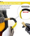 Image showing Heavy Duty Hybrid Air Compressor Hose 3/8 Inch X 50 Foot with adjustable dual bend restrictors for flexibility.