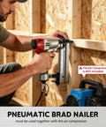 Professional Pneumatic Brad Nailer 18 Gauge Air Powered Nail Gun For Woodworking Trim Assembly Heavy Duty in use against wood.