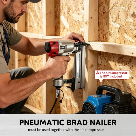 Professional Pneumatic Brad Nailer 18 Gauge Air Powered Nail Gun For Woodworking Trim Assembly Heavy Duty in use against wood.