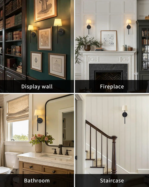 Rechargeable Battery Wall Sconces Set Of Two Black Cordless Lights For Modern Homes No Sweat Install shown in various rooms.