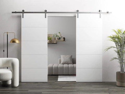 Double Barn Door Set 84 By 96 Inches With 14 Foot Brushed Nickel Rail Kit installed in a modern living room with sliding feature.