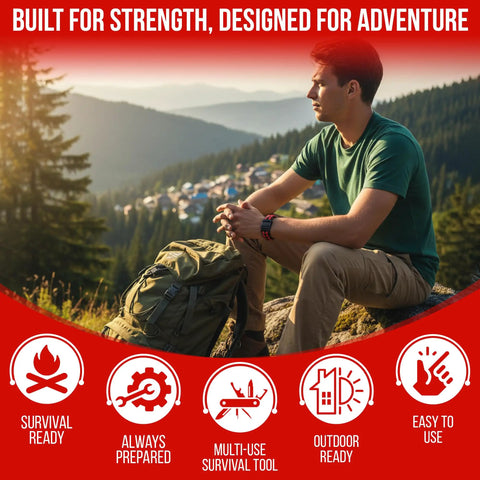 Man wearing 12 Pack Paracord Survival Bracelets With Quick Release Clips In Assorted Colors For Camping, Hiking, Emergency Gear