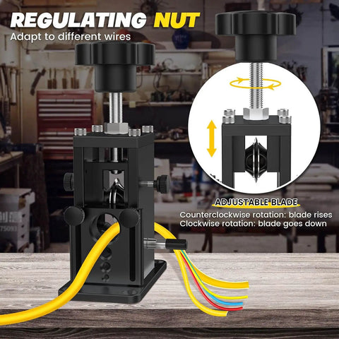 Heavy Duty Automatic Wire Stripping Machine For Waste Cables with adjustable blade and yellow wires displayed.