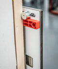 No Fuss Adjustable Door Latch And Strike Plate Router Jig Featuring Knockout Precision And Dual Layer Aluminum Plates for mortise routing on a door.