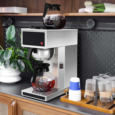 12 Cup Commercial Coffee Maker With Dual Warmers For Offices And Break Rooms - Pourover Stainless Steel Brewer, cups on side