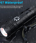 Rechargeable 100000 Lumen Tactical Flashlight with Zoomable Beam and Rotary Dimming shown waterproof on wet surface.