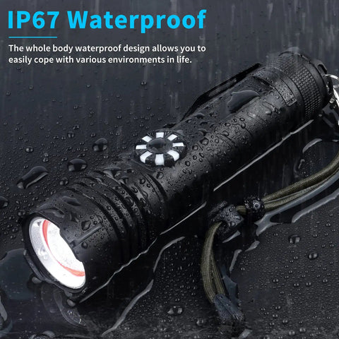 Rechargeable 100000 Lumen Tactical Flashlight with Zoomable Beam and Rotary Dimming shown waterproof on wet surface.