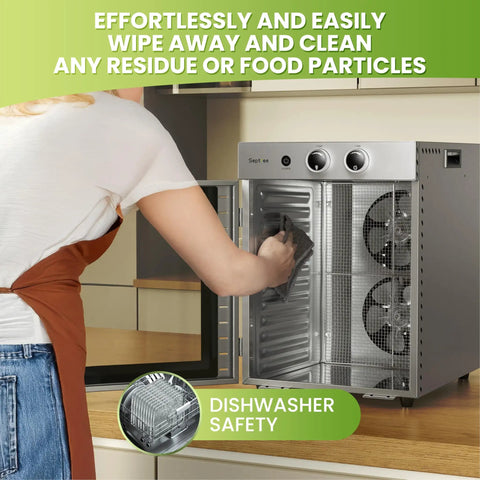 User cleaning the inside of the Top Shelf Food Dehydrator Machine With Twelve Stainless Steel Trays and Digital Timer.