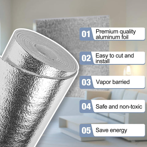 Radiant Barrier Insulation Roll With 3mm Foam Core And Aluminum Foil 16 In By 10 Ft Reflects 95 Percent Of Radiant Heat features list