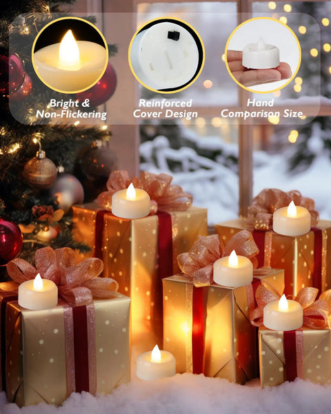 Flameless LED Tea Lights Set For Party And Home Battery Operated Flickering Votive Candles 50-Pack warm yellow glow on gifts