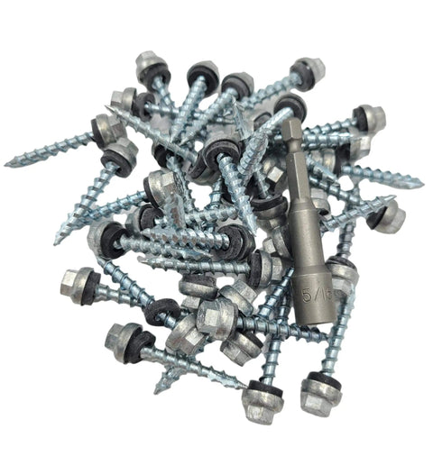 Pile of Heavy Duty 1.5 Inch Metal Roofing Screws for OSB and Wood with domed cap, EPDM washer, and hex bit driver.