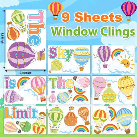 Colorful Hot Air Balloon Window Clings Set for Back to School Decor Double Sided Classroom Glass Decals 9 Sheets Window Stickers