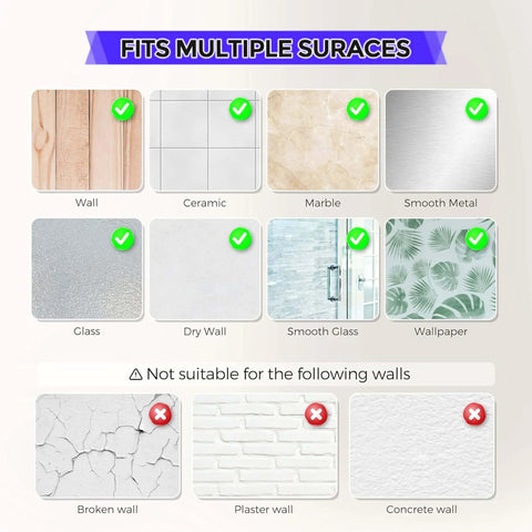 Diagram showing surfaces compatible with 16 Pack 2 Inch Round Clear Silicone Door Knob Wall Protectors and incompatible surfaces.
