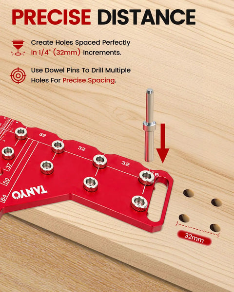 Rugged Two In One Shelf Pin And 35mm Hinge Jig Kit With Premium Drill Bits demonstrating precise 32mm hole spacing on a red jig.
