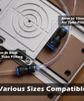 SainSmart Genmitsu vacuum clamp pod; aluminum CNC hold-down kit with clear air tubing and blue/black fittings