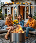 Group enjoying a Smokeless 28 Inch Fire Pit With Stand And Grill Rack in a cozy backyard setting, highlighting warmth and friendship.