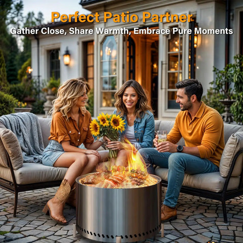 Group enjoying a Smokeless 28 Inch Fire Pit With Stand And Grill Rack in a cozy backyard setting, highlighting warmth and friendship.