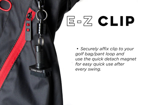 Mini Golf Club Brush Portable Cleaner With Quick Release Magnet And S Carabiner Clip attached to golf bag