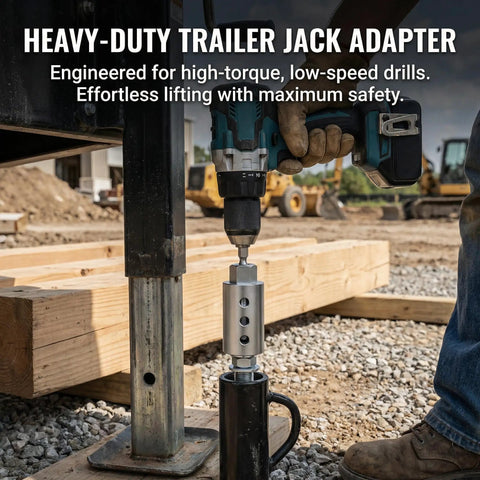 Heavy Duty Trailer Jack Drill Adapter Kit compatible with 1 inch drive shafts in use with a cordless drill for RV jack swaps.