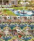 Solar Bird Bath Fountain With Six Nozzles Floating Water Pump Powered By Sun in garden with birds and flowers