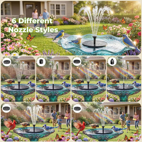 Solar Bird Bath Fountain With Six Nozzles Floating Water Pump Powered By Sun in garden with birds and flowers