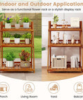 Foldable 3 Tier Ladder Plant Stand Made Of Solid Wood for display in garden and indoor use, showcasing plants and decor items.
