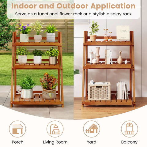 Foldable 3 Tier Ladder Plant Stand Made Of Solid Wood for display in garden and indoor use, showcasing plants and decor items.