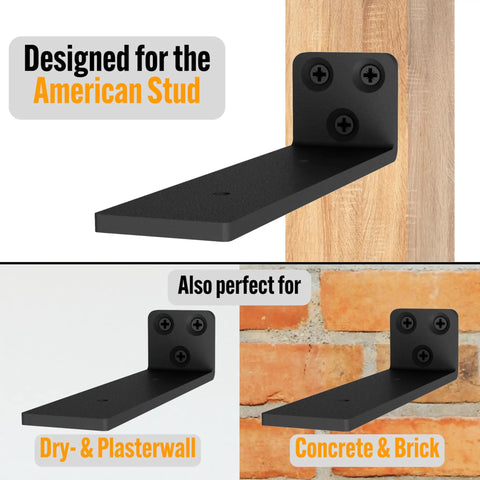 Hidden Floating Shelf Brackets Black Carbon Steel For 6 Inch Boards, wall mounts for stud, drywall, brick, and concrete.