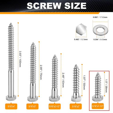 Top-Shelf 304 Stainless Steel Hex Lag Bolts For Wood 5/16 X 1 1/2 Inch 20 Pack sizes displayed on a labeled chart.