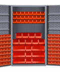 Heavy Duty Steel Storage Cabinet With Deep Door Bins And Lockable Shelves, Hella Durable Textured Gray Finish, showcasing orange bins.
