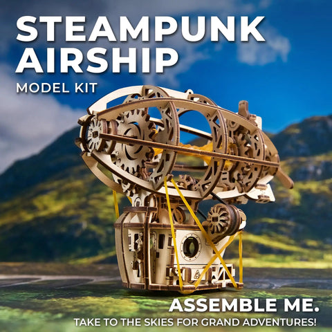 Steampunk Airship 3D Wooden Puzzle for Adults With Start Stop Switch, Zeppelin Model Kit in scenic mountain setting