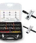 Complete Grease Fitting Replacement Kit With Zerk Tools And SAE And Metric Fittings For One Eighth And One Quarter Inch Straight And Ninety Degree Options Includes M6x1 And M8x1 Fittings Protective Caps And Removal Cleaning Accessories, open case with tools and fittings displayed.
