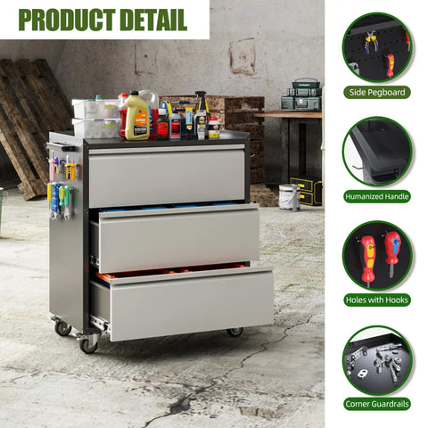 Heavy Duty Metal Rolling Tool Storage Cabinet With Drawers And Side Pegboards Left Handle Lockable Casters Garage Workshop Utility Cart On Wheels 18.11 In Deep 30.3 In Wide 35.4 In High Assembly Required, open drawers and tools on top