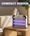 Beast Mode Electric Bug Zapper on table in living room, 20W UV bulbs, black and white design, 2800V grid, safe mesh cover.