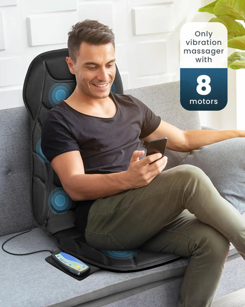 Man using Back Massager With Heat And Vibration, Seat Cushion With 8 Massage Nodes And 5 Modes, Adjustable Chair Massager Pad For Home Office